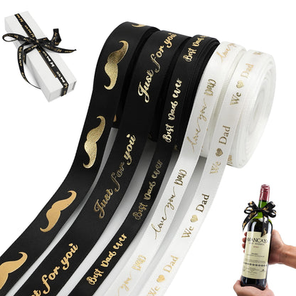 MEEDEE Happy Father's Day Ribbon Fathers Day Decorations Gift Box Wrapping Paper Decor Thank You Satin Thin Ribbon Assorted Black Satin, 5 Rolls with 10 Yards Each Total 50 Yards
