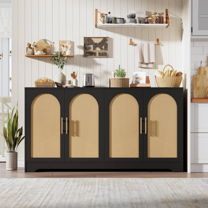 IDEALHOUSE 59" W Sideboard Buffet Cabinet- with 4 Rattan Doors, Large Storage Console Table & Modern Accent Coffee Bar Cabinet for Living Room, Kitchen, Hallway, Dining Room, Entryway, Black