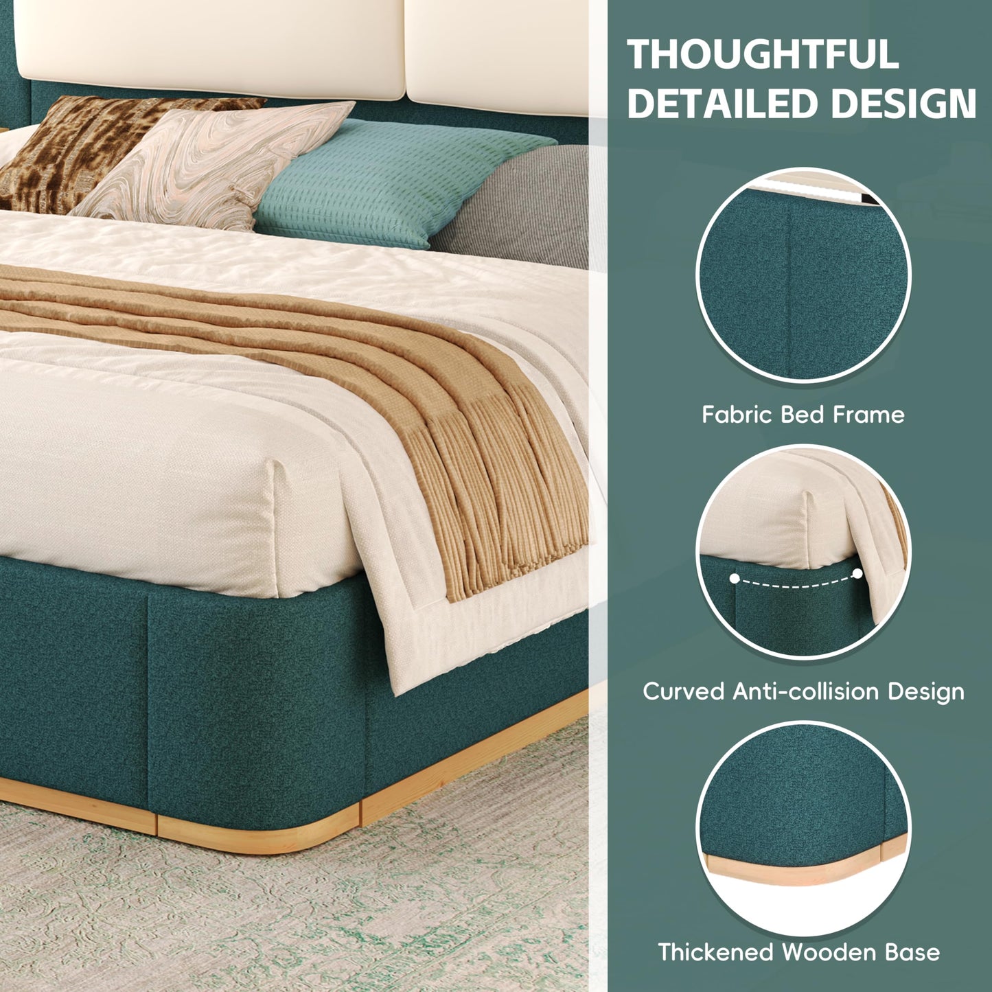 Merax Queen Size Upholstered Platform Bed Frame with Large PU Leather Headboard and Bothside Shelves, Modern Bedroom Furniture & Solid Wood Slats Support, No Box Spring Needed, Easy Assembly, Green