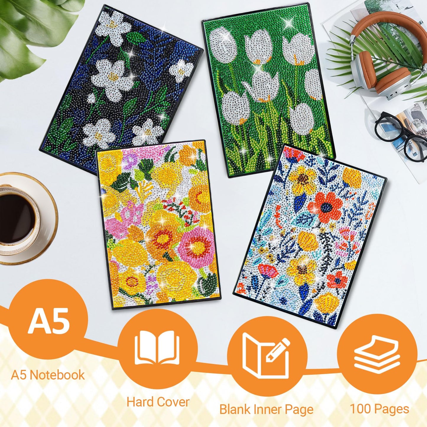 LINGFANG 4 Pack Diamond Art Kits for Adults Teens, Diamond Painting Journals Notebooks, DIY 5D Gem Dots Art Crafts for Adults, Teenagers' Birthday, Graduation, Gifts with Tools (Simple Pattern)
