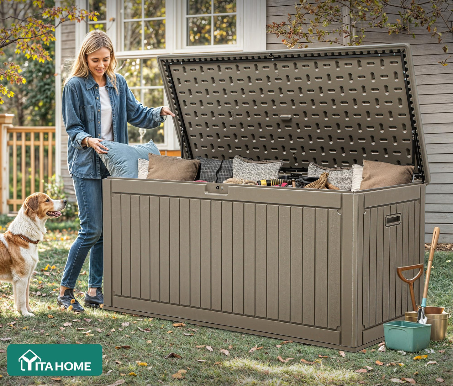 YITAHOME 320 Gallon Double-Wall Deck Box with Divider & Side Handles, Outdoor Large Storage for Patio Furniture Cushions, Garden Pool Accessories, Water Resistant & Lockable