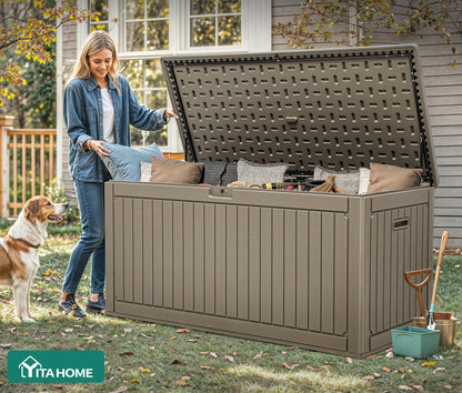 YITAHOME 320 Gallon Double-Wall Deck Box with Divider & Side Handles, Outdoor Large Storage for Patio Furniture Cushions, Garden Pool Accessories, Water Resistant & Lockable