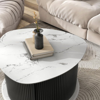 HOMES: Inside + Out Elara Modern 29-inch Triangle Coffee Table with Marble Tabletop, Fluted Iron Pedestal Base and Hidden Storage for Small Space, Living Room, Home Office, Black