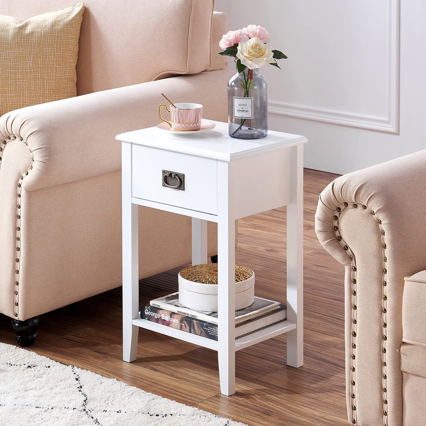VECELO Nightstands Set of 2 End/Side Tables for Living Room Bedroom Bedside, Vintage Accent Furniture Small Space, Solid Wood Legs, One Drawer