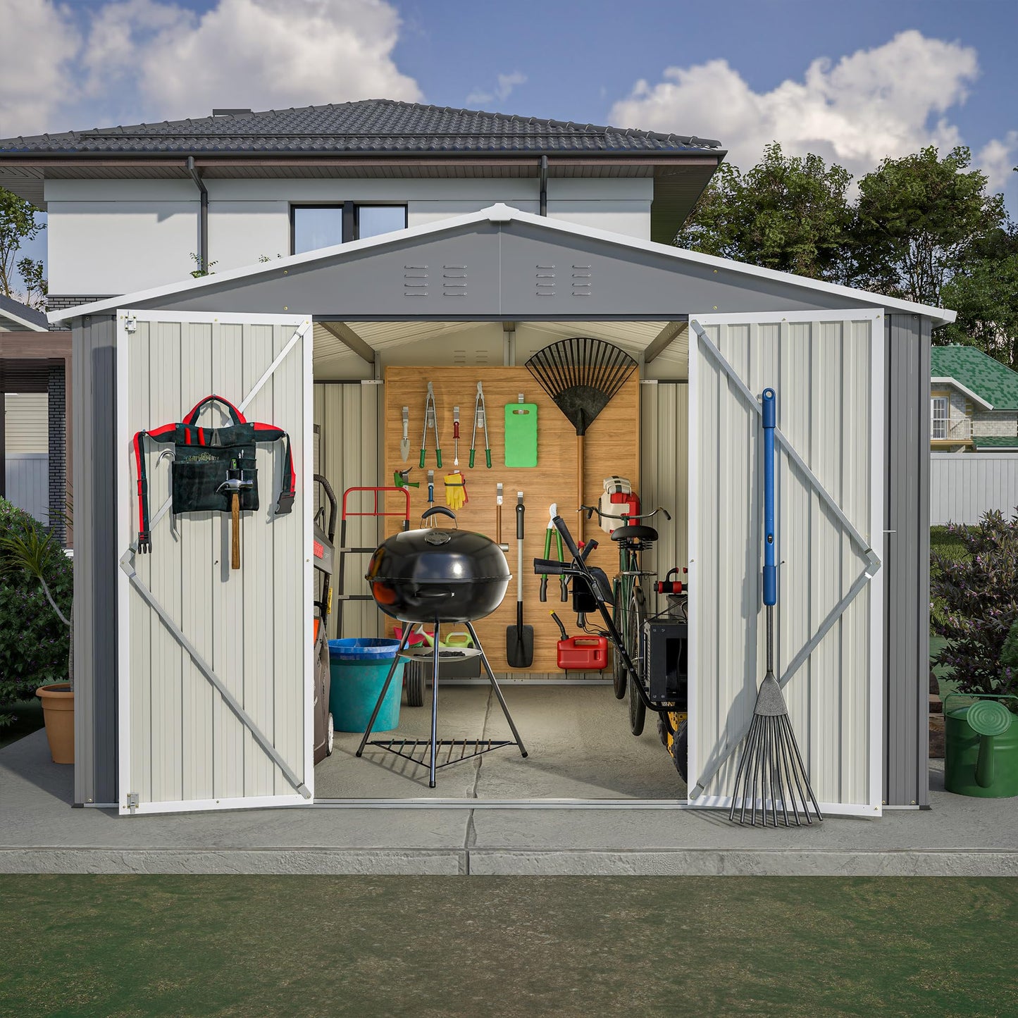 YOPTO 10X10 FT Outdoor Storage Shed,Metal Shed W/Lockable Doors,Air Vents & Sloped Roof,Garden Tool House W/Updated Frame Structure,for Backyard Patio Lawn,Gray