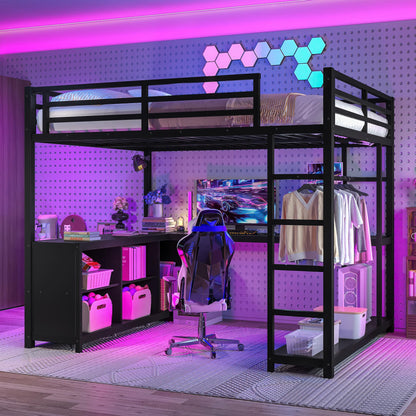 KEIKI Loft Bed Queen Size with Desk and Storage, Metal Bedframe with Shelves and Safety Guardrail, No Box Spring Needed, Space Saving, for Teens & Adults, Black