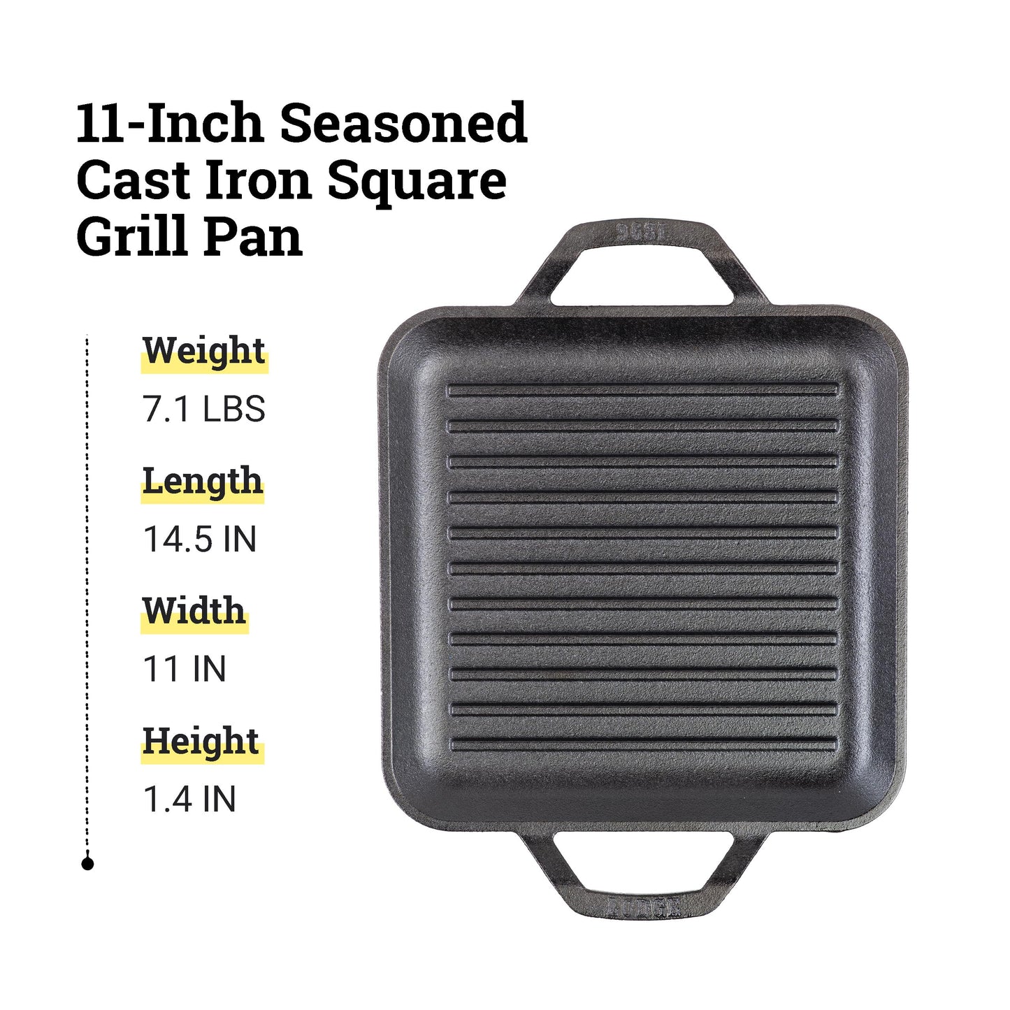 Lodge 11" Cast Iron Square Grill Pan - Chef Collection - Pre-Seasoned Cast Iron Pan - Versatile Cooking - Indoor & Outdoor Use - Incredible Heat Retention