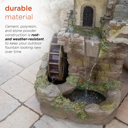 Alpine Corporation USA1164 Outdoor Floor Tiered Fairy Castle Waterwheel Water Fountain with Realistic Stone Look, 35", Brown