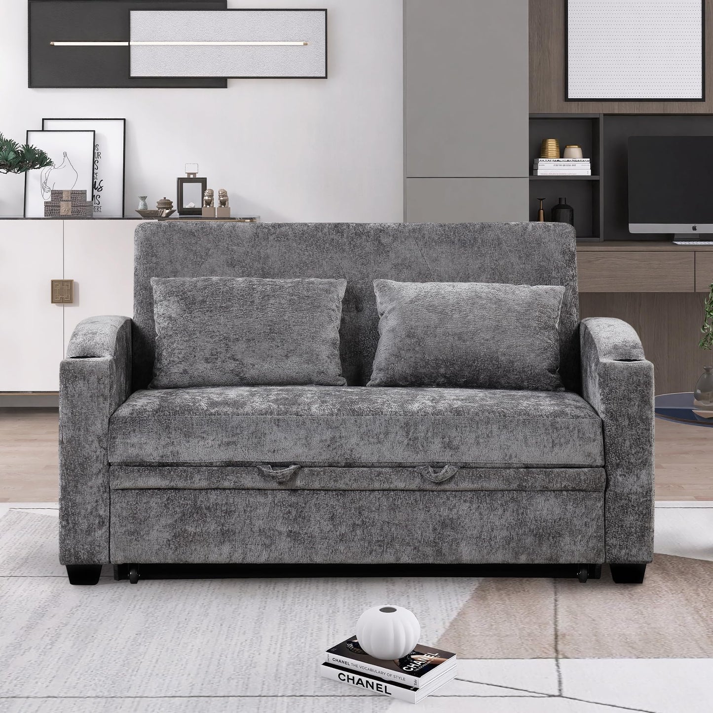 GDFStudio Pull Out Sofa Bed with USB Ports and Cup Holders, 3-Position Adjustable Backrest Chenille Loveseat, Sturdy Frame Compact Couch for Living Room Apartment Guest Bed, Gray