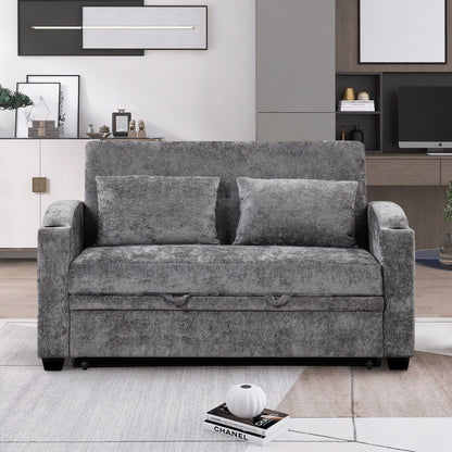 GDFStudio Pull Out Sofa Bed with USB Ports and Cup Holders, 3-Position Adjustable Backrest Chenille Loveseat, Sturdy Frame Compact Couch for Living Room Apartment Guest Bed, Gray