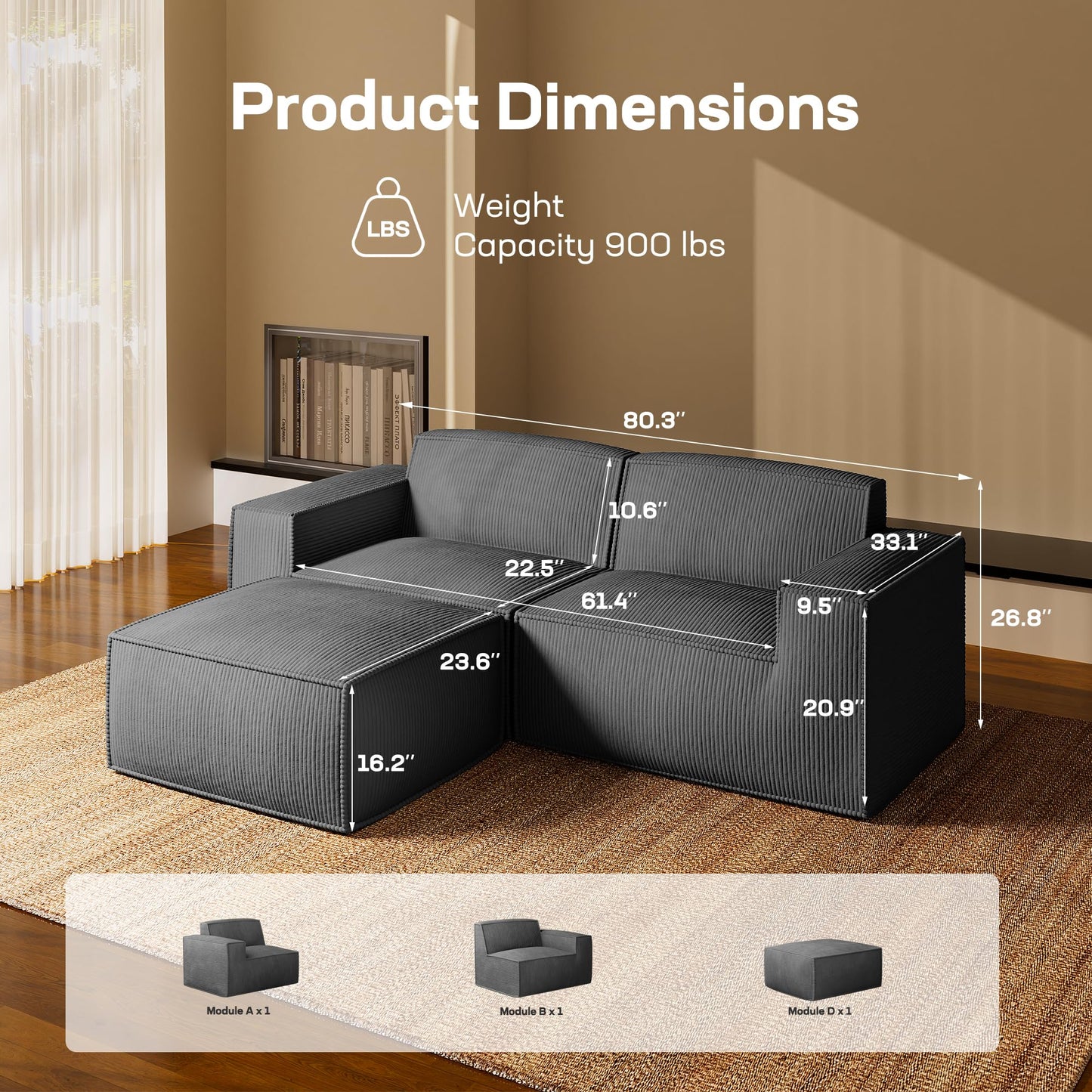 Marsail Modular Sectional Sofa, 80" L-Shaped Modular Sectional Couch with Deep Seat, Freely Combinable Sectional Cloud Sofa for Living Room, No Assembly, Plush Corduroy Fabric, Grey
