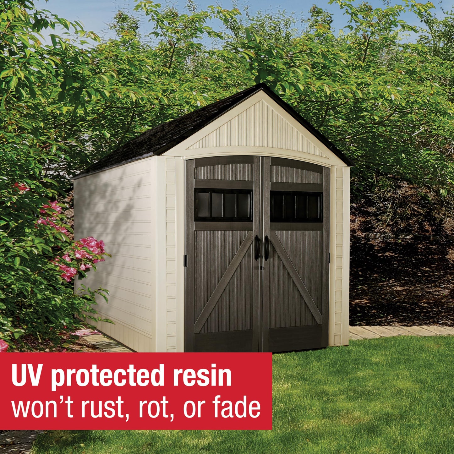 Rubbermaid Resin Outdoor Storage Shed With Floor (7 x 10.5 Ft) Weather Resistant, Brown Gable, Organization for Home/Backyard/Garden Tools/Lawn Mower/Bike Storage/Pool Supplies