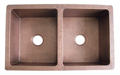 CT Copper Tailor 33" Copper Farmhouse Kitchen Sink 16 Gauge Thick, Hand-hammered Antique Copper 50/50 Double Bowl Sink,Strainer Included