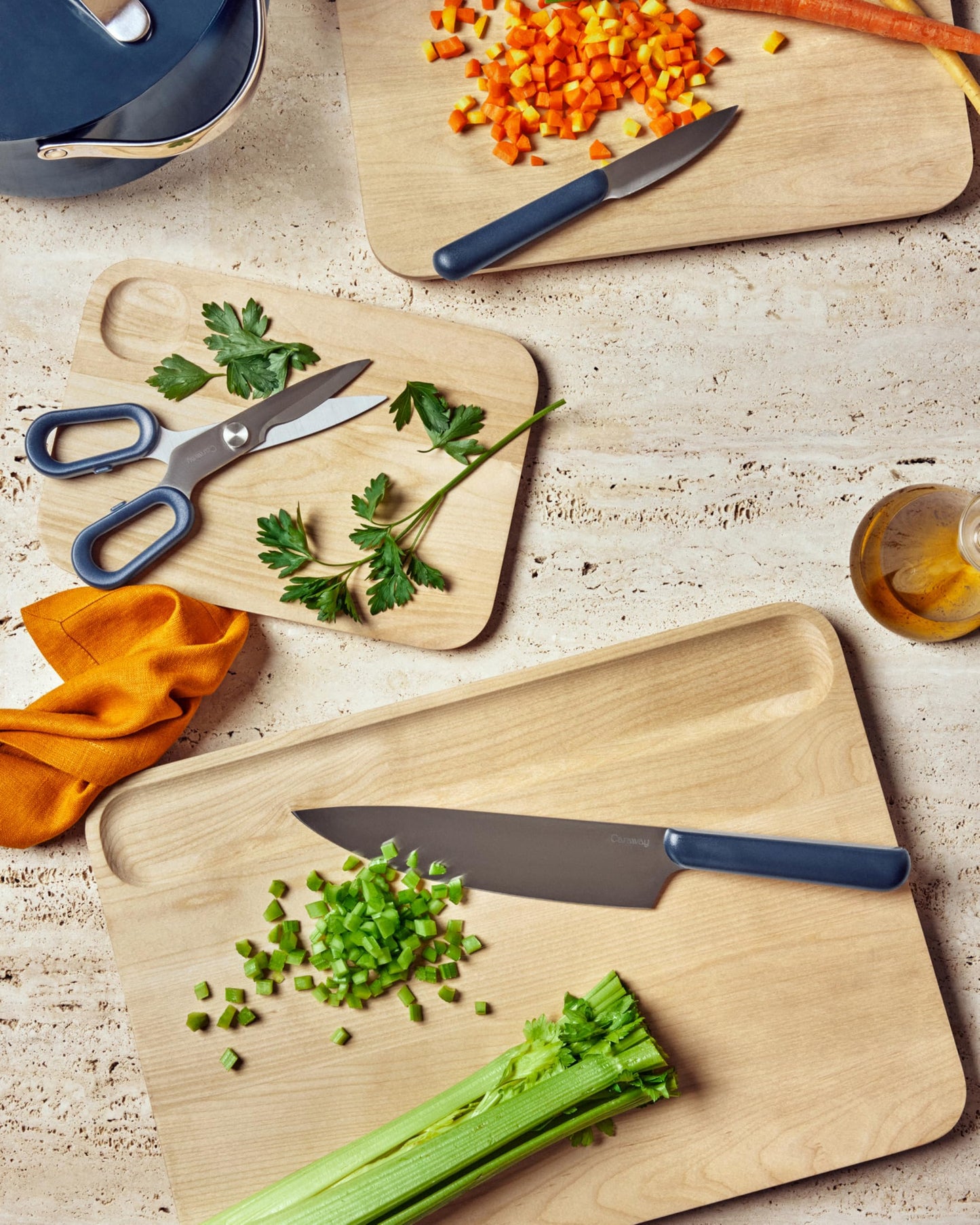 Caraway 4-Piece Double Sided Wood Cutting Board Set - Made From FSC-Certified Birch Wood - Mineral Oil & Wax Finish - 3 Sizes - Small, Medium, & Large - Storage Organizers Included