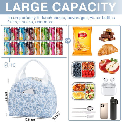 TESAFNG Lunch Bag - Insulated Lunch Box for Women, Reusable Large Capacity Cooler Bag for Adult, Small Leakproof Cute Corduroy Lunch Tote for Work Office Travel Picnic (Corduroy Blue-Flower)