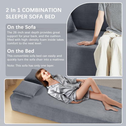 83" Modern Sofa in a Box, No Assembly Oversized 3 Seater 28" Deep Seat Cloud Sofa Bed Couch with 4 Furry Pillows & Corduroy Fabric, Boneless Couch with Side Storage Pockets for Living Room, Dark Grey