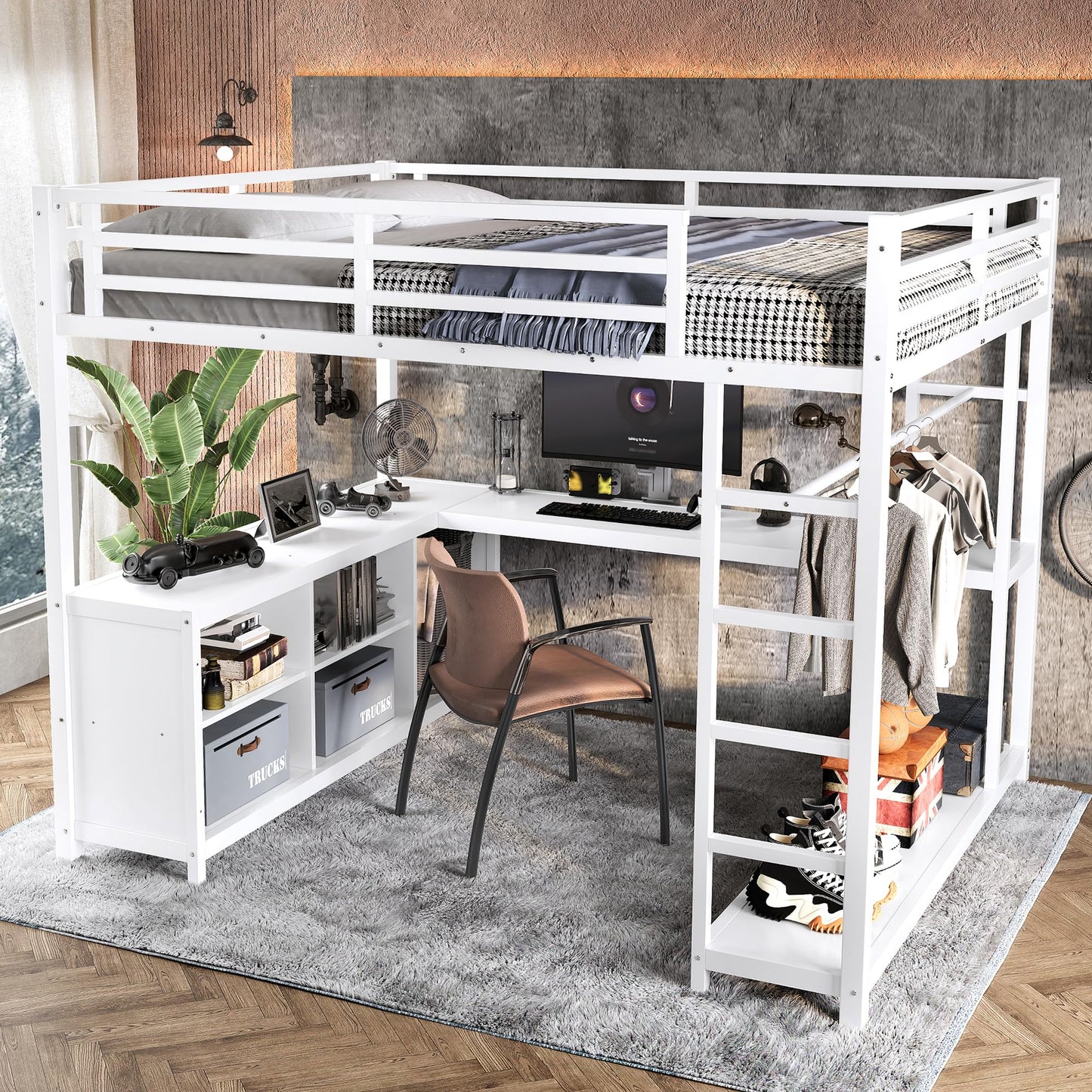Bellemave Queen Size Loft Bed with Desk & Clothes Rack, All-in-One Heavy Duty Metal Loft Bed Frame with Storage Cube & Shelf, Space Saving Loft Bed Queen Size for Adult, Teen, Kids, Apartment, White