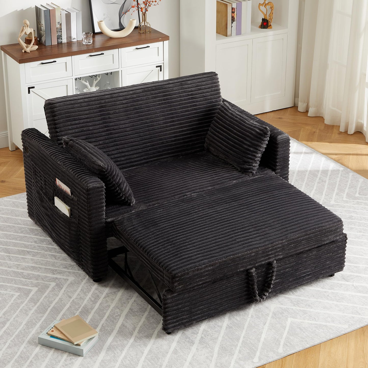 GarveeTech Loveseat Sleeper Sofa Bed, 55'' Pull Out Bed with Adjustable Backrest, Charging Station and Side Pockets, Corduroy Couches for Living Room, Bedroom and Apartment, Dark Grey