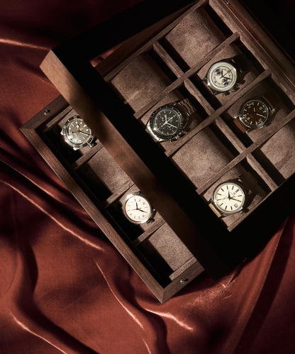 TAWBURY Wooden Watch Case - 12 Slot Wood Watch Box for Men & Women with Glass Display, Protective Fully Lined Interior and 2-inch Wide Pillows for Small & Large Watches (Dark Walnut)