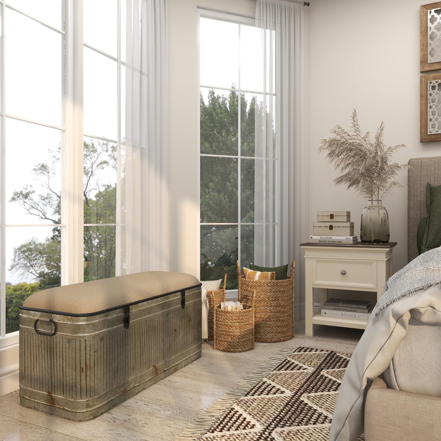 Deco 79 Metal Room Storage Bench Galvanized Entryway Bench with Cream Burlap Top and Black Latches, Bench 38" x 16" x 19", Gray
