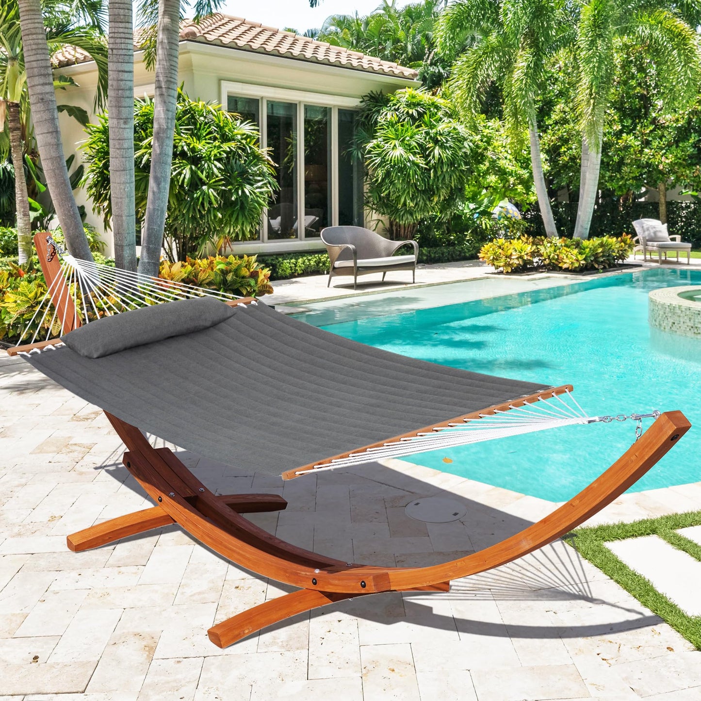 Lazy Daze Hammocks 12 FT Sunbrella Fabric Quilted Hammock Double Sunbrella Quilted Hammock with Spreader Bars & Pillow, All Weather and Fade Resistant for Outdoor, 450 lbs Capacity, Cast Slate
