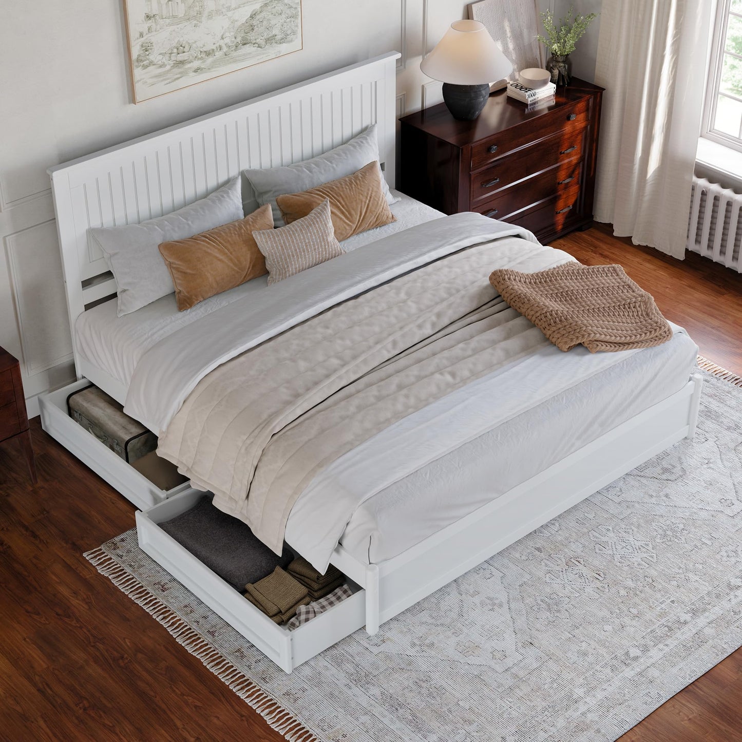 AFI, Malta King Platform Bed with Panel Footboard and Storage Drawers, White