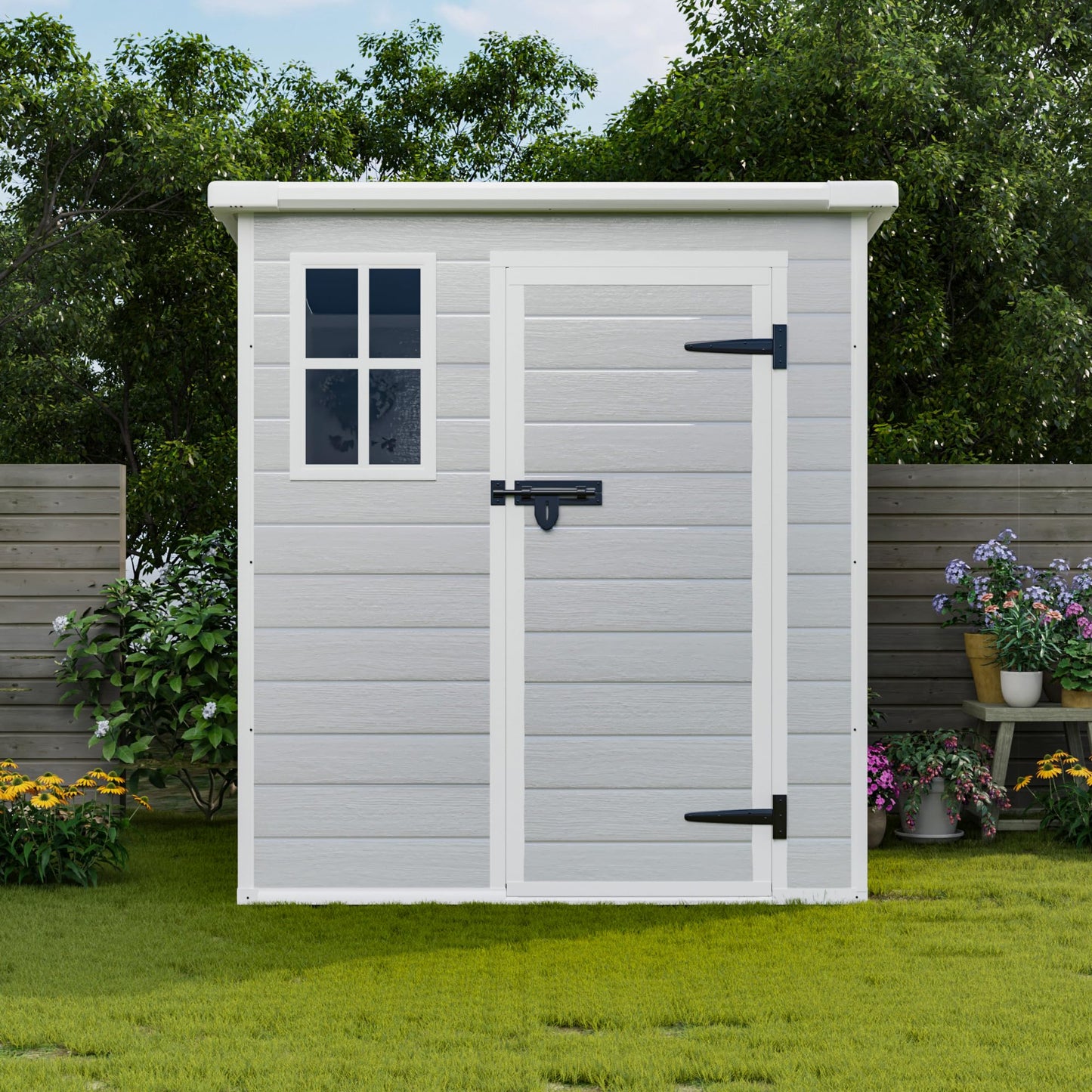 YOPTO 6x6 FT Storage Shed Garden House with Lockable Doors and Vents Waterproof Resin Outdoor Tool Cabinet W/Floor & Window,for Bicycles,Lawnmowers,Lawn,All Weather Use,Gray