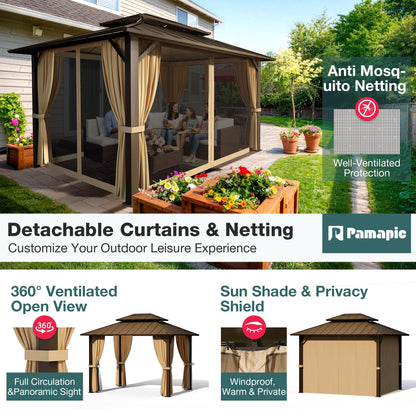 PAMAPIC 10x12FT Hardtop Gazebo,Galvanized Steel Double Roof with Aluminum Frame,Outdoor Permanent Pavilion with Breathable Netting & Privacy Curtain for Patio,Backyard,Deck,Lawn,Brown