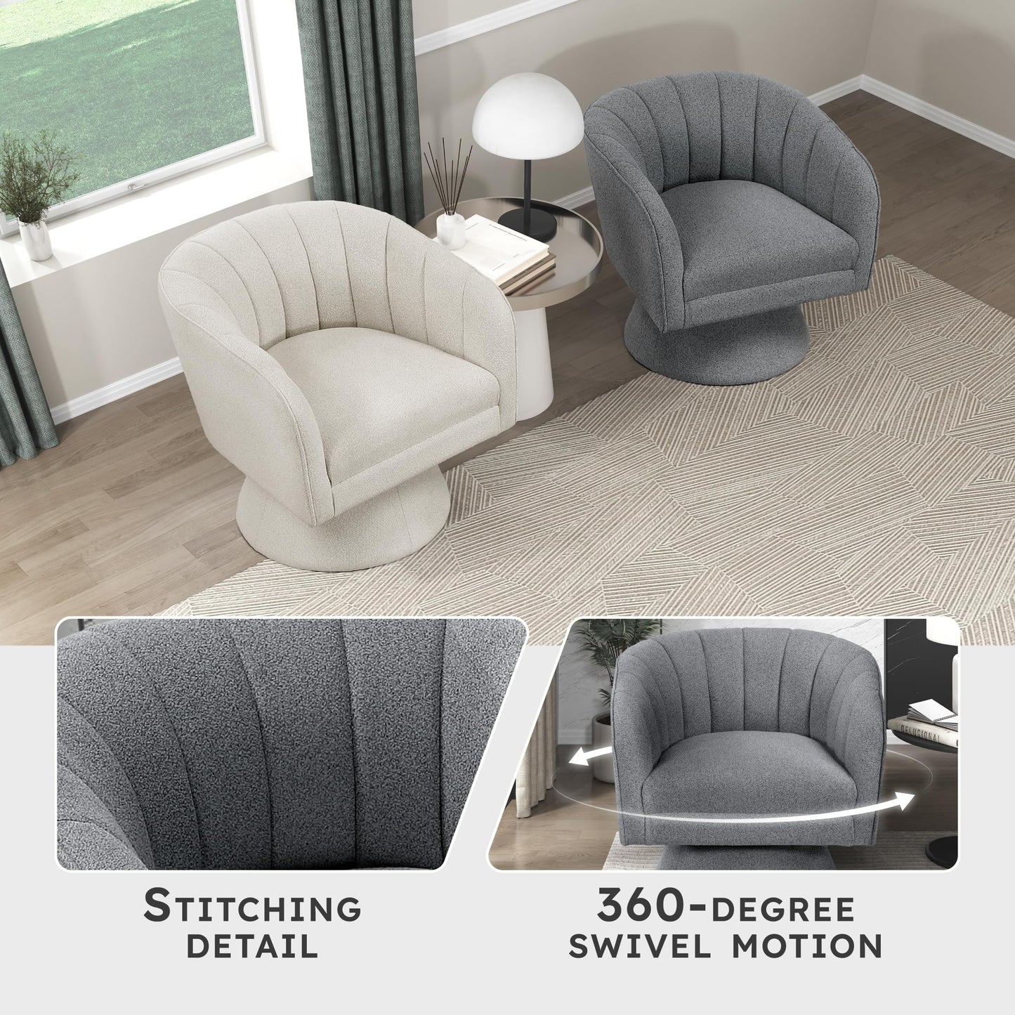 Lexicon Swivel Accent Chair, Boucle Fabric Upholstered Barrel Chair, Channel Stitched Details, Hidden Metal Swivel Seating for Living Room/Office/Apartment, Dark Gray