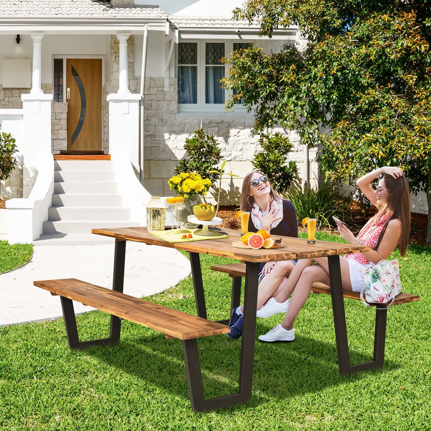 Tangkula Patented Wooden Picnic Table, Outdoor Acacia Wood Picnic Table with 2 Built-in Benches, Umbrella Hole, Steel Frame, Outside Table and Bench Set for Garden, Backyard, Porch, Patio