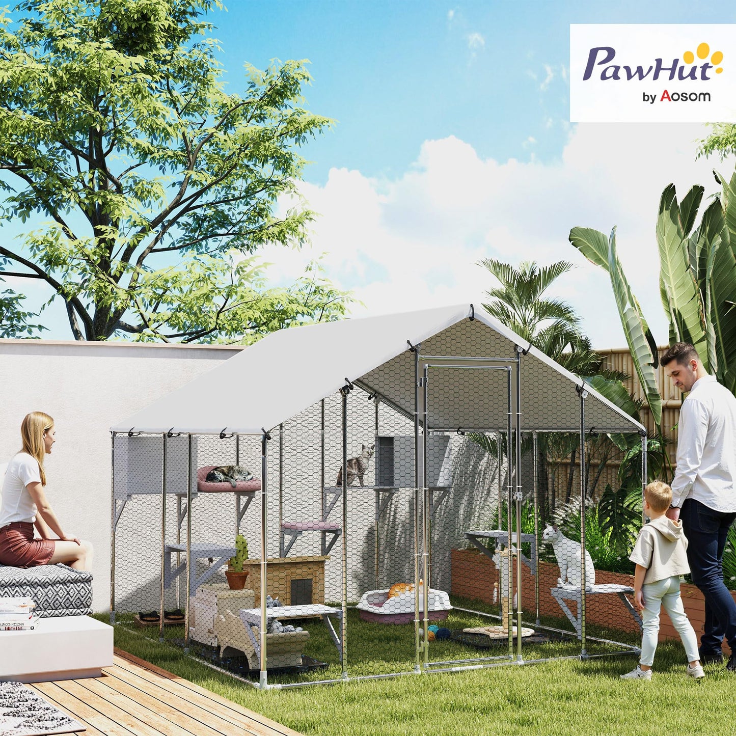 PawHut Catio Outdoor Cat Enclosure, 95" Extra Large Walk-in Cat House with Waterproof Cover, 2 Resting Boxes, 7 Jumping Platforms, Chicken Run Coop, Rabbit Hutch, Feral Cat Shelter Pointed Roof