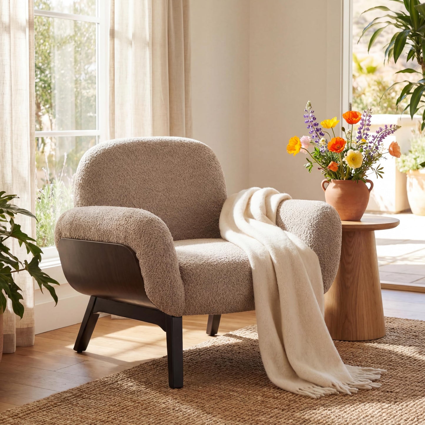 Christopher Knight Home Audrey Boucle Upholstered Accent Chair, Living Room Low Profile Armchair, Solid Wood Comfy Reading Chair, Modern Single Lounge Sofa, Light Camel