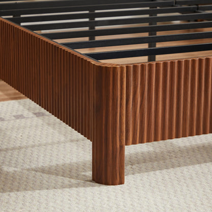 KEIKI Full Size Wooden Bed Frame with Headboard, Modern Platform Bed with Corrugated Curved Lines, No Box Spring Needed, Easy Assembly (Walnut, Full)