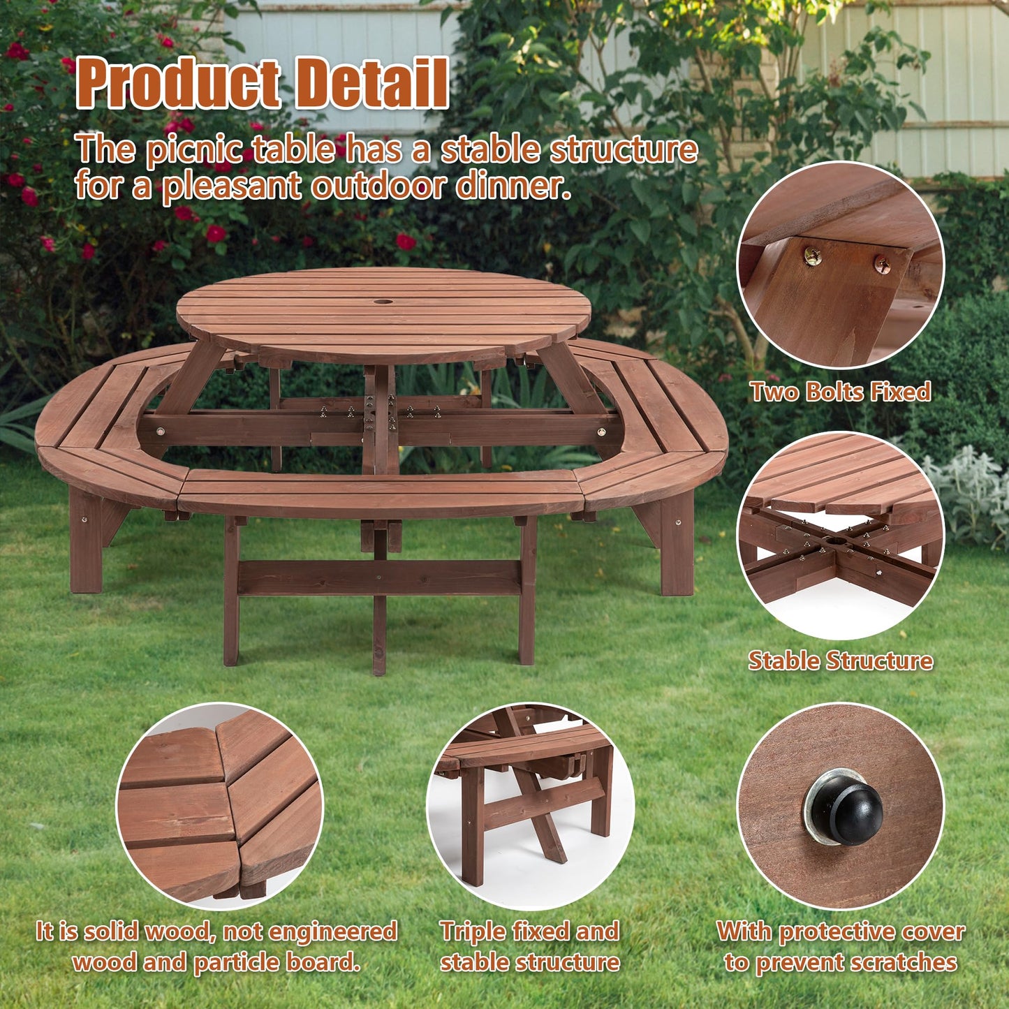 10-12 Person Round Outdoor Wooden Picnic Table with 1.97" Umbrella Hole, 70 Inch Heavy Duty Circular Backyard Patio Garden Table for Large Family Gathering, Rustic Fir Wood Dining Set, Walnut Brown