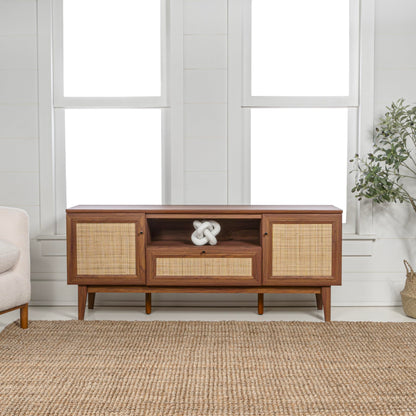 JONATHAN Y Finley 59" Mid-Century Walnut Rattan TV Stand for TVs up to 65 Inch, Wood Media Console with Woven Cane Soft-Close Doors and Drawer, Bohemian Entertainment Center for Living Room TVS1002B