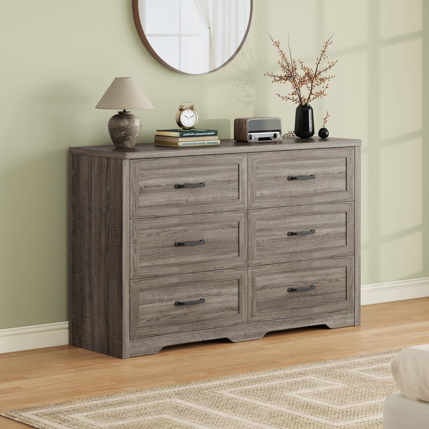 Ball & Cast Farmhouse 6 Drawer Dresser for Bedroom, 47" W Modern Chest of Drawers with Metal Handles, Wood Dresser TV Stand, Dresser Drawer Organizer for Closet, Living Room,Hallway,Gray