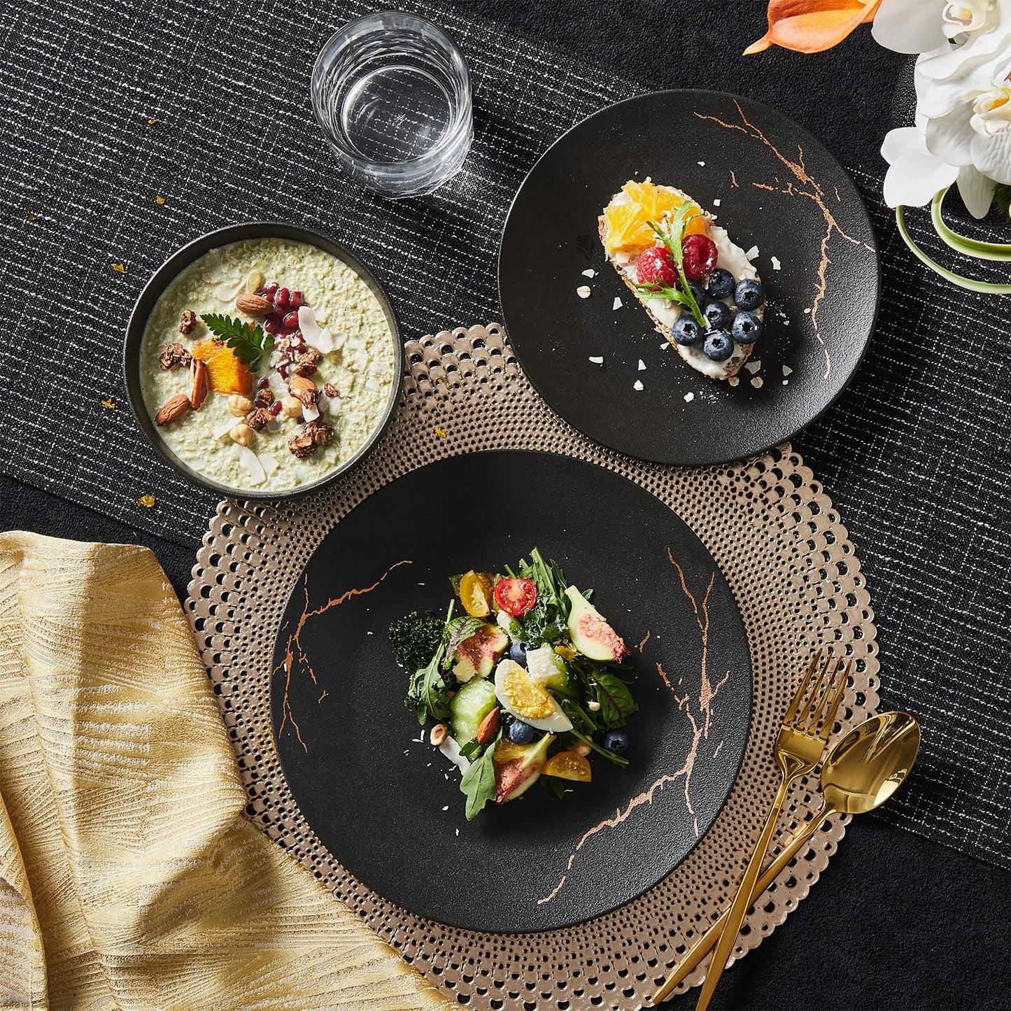 KINGSTONE Porcelain Dinnerware Sets for 8 | 24 Piece Plates and Bowls Sets Kitchen Dishes Scratch Resistant Matte Black Gold Vein Dinner Salad Plate Dishware for Party Daily Wedding