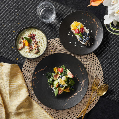 KINGSTONE Porcelain Dinnerware Sets for 8 | 24 Piece Plates and Bowls Sets Kitchen Dishes Scratch Resistant Matte Black Gold Vein Dinner Salad Plate Dishware for Party Daily Wedding