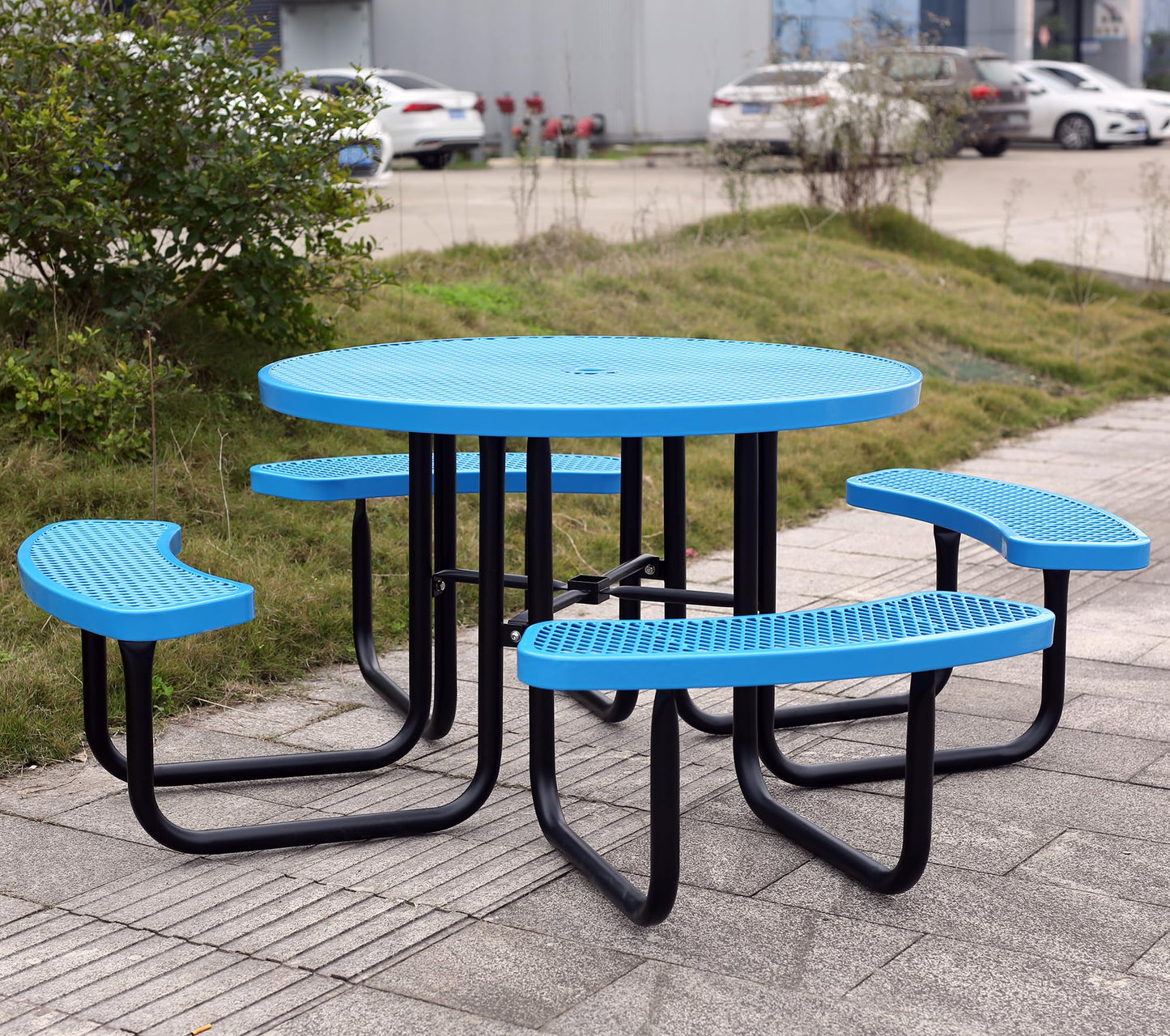 Sunnibety 8-Person Picnic Tables for Outdoors, Industrial 46" Expanded Metal Round Picnic Table with 4 Benches & Umbrella Hole, Outside Table and Bench Set for Park, Garden, Backyard, Patio, Blue