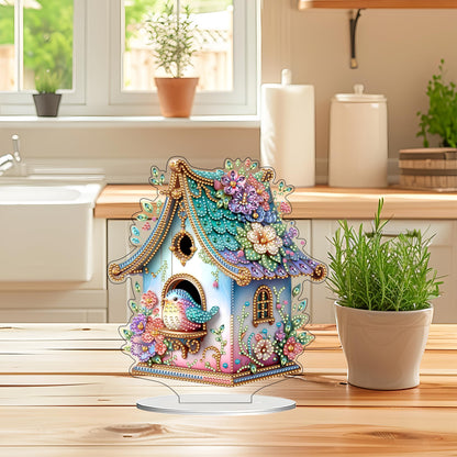 DIY Tabletop Diamond Art Kit for Adult – Gem Painting Art Desktop Ornament with Special Shaped Rhinestones, Acrylic Stand-Up Gem Craft for Home Décor & Gift Idea (Bird House)