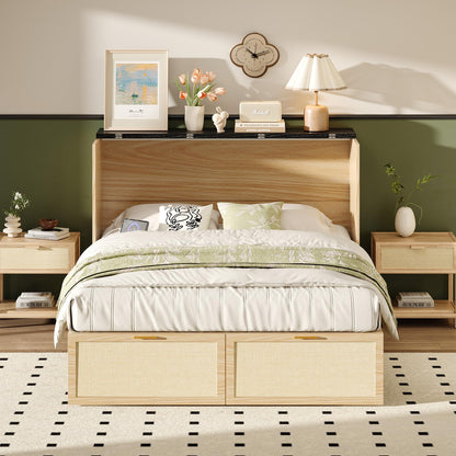 VINGLI Full Size Rattan Murphy Bed with Storage Drawer,2 Charging Station, Boho,Hideaway Paltform Panel Bed for Small Spaces,Guest Room,Office,Apartment, Space-Saving Cabinet Bed,Oak White