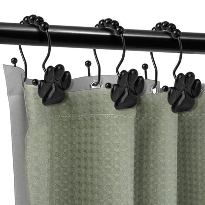 Sunlit Fashion Design Cute Paw Print Polished Double Shower Curtain Hooks for Dog Cat and Bear, Rust Proof Oil Metal Shower Curtain Rings, Black-12 Pack