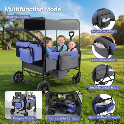 MOMFANN Wagon Stroller for 4 Kids, All-Terrain 4-Seater Folding Wagon with 5-Point Harness, Adjustable Push-Pull Handle, Removable Canopy, Oversized Storage Organizer, Compact Fold - Grey