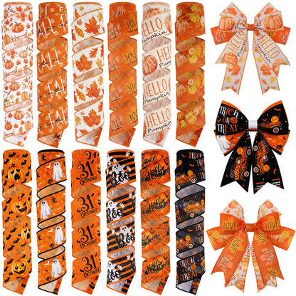 Chunful 12 Rolls Halloween Fall Wired Edge Ribbon 2 Inch x 60 Yards Halloween Fall Ghosts Pumpkins Print Grosgrain Ribbon Orange for Wreath Gift Wrapping Hair Bow Sewing Party Supplies 12 Styles