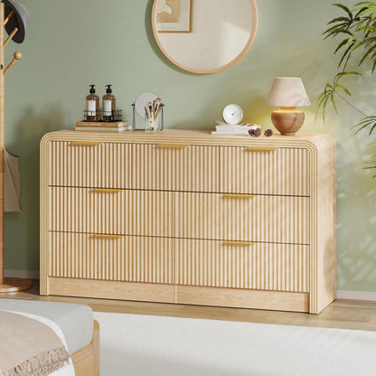 Decofy Fluted Drawers Dresser for Bedroom, Wood Dressers with Gold Handles, Modern Dressers with Wave Texture, Large Storage Chest of Drawers, Bedroom Dresser Organizer 55'' & 7 Drawers (Natural Oak)