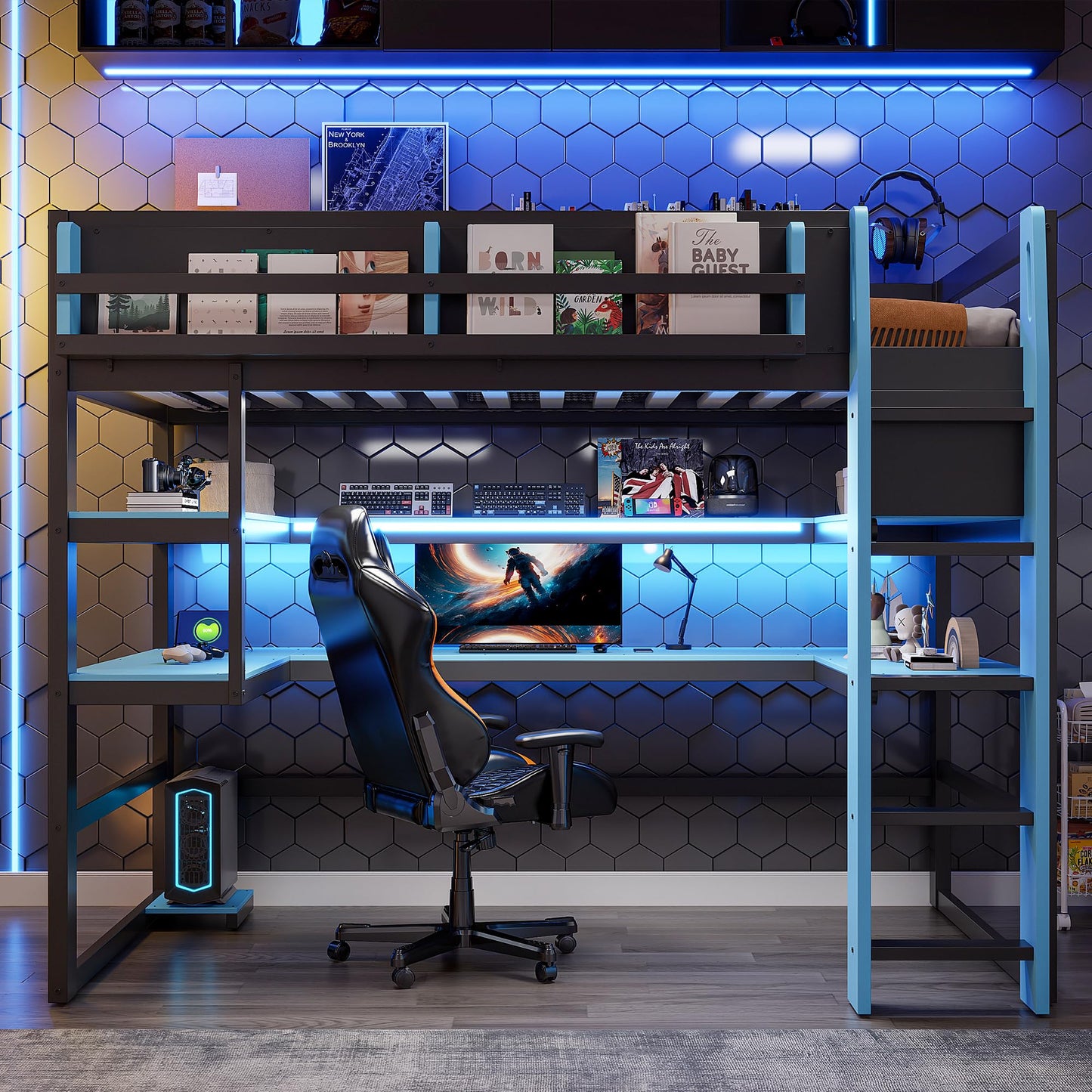 Merax Twin Size Wood Loft Bed with Desk, Side Storage Rack, Multi-Storage Shelves and USB Ports, Space-Saving Loft Bed for Teens, Adults, Blue