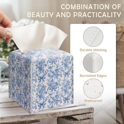 Blue Chinoiserie Bow Tissue Box Cover, Tissue Box Cover Square, Gifts for Women Men Friends, Decorative Facial Paper Case for Home Office Bathroom Vanity Countertop-A09