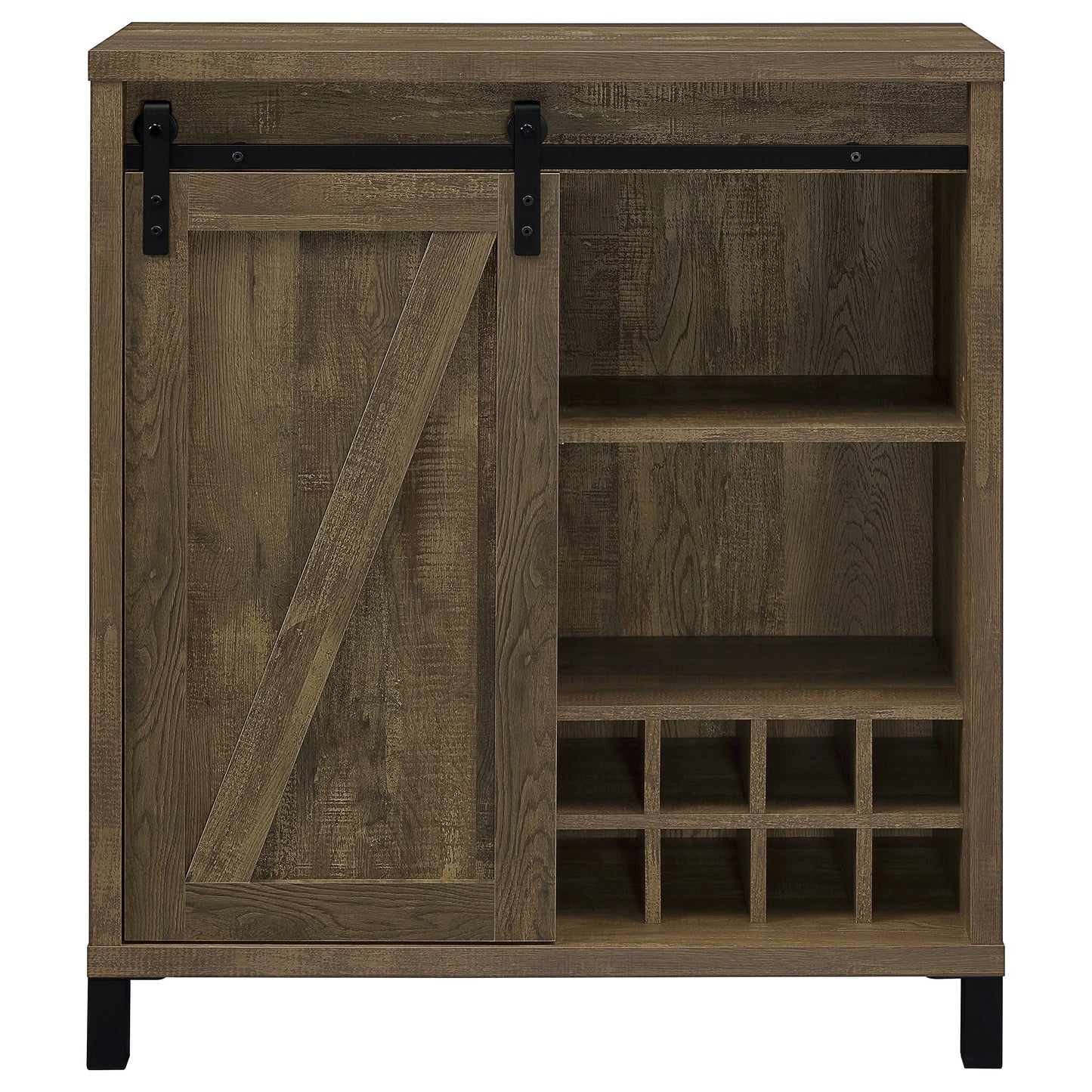 Coaster Home Furnishings Arlington Sliding Barn Door Home Bar Wine Cabinet, Rustic Farmhouse Liquor Cabinet with 3 Shelves, Stemware Rack, and Wine Racks, Oak