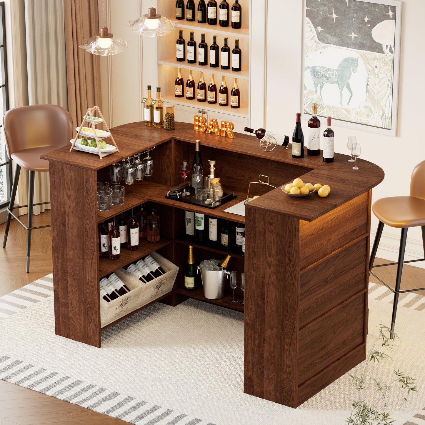 PAKASEPT Home Unit Bar Cabinet with LED Light & Stemware Holders, 3 Tier Liquor Bar Wooden Storage Cabinet, Modern U-Shaped Liquor Table Cabinet for Living Room, Dining Room