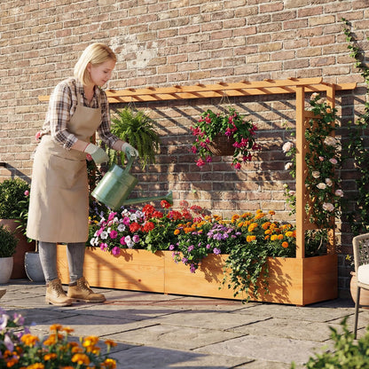 Giantex 2 Pcs Raised Garden Bed with Trellis & Hanging Roof, Wood Planter Box with Bottom & Drainage Holes, Freestanding Garden Planter for Flower Fruit Vegetable Herb Climbing Vine (77"x14.5"x45")